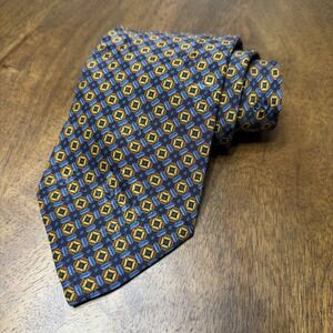 Brioni Men's 100% Silk Tie Blue Yellow  Geometric Pattern Italy